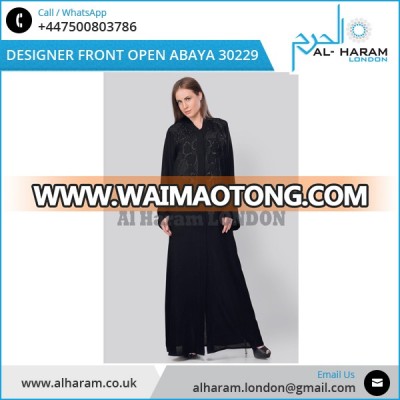 Hand Work Embroidery High Quality Nida Fabric Front Open Abaya Black