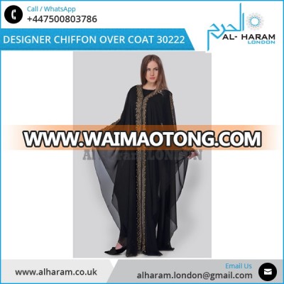 Stone Pearl Work Chiffon Long Summer Black Overcoat